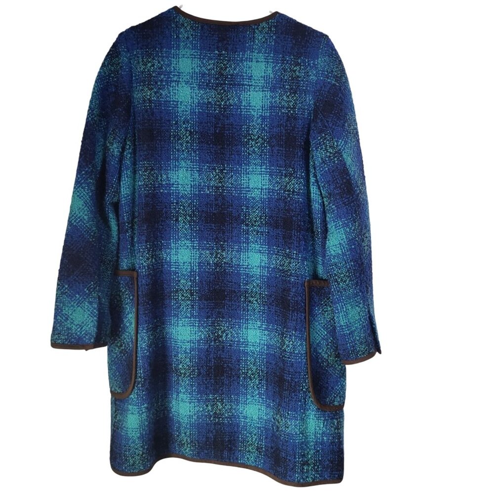Soft Surroundings Womens M Blue Brown Tweed Plaid Coat Turn Lock Button Jacket - Picture 2 of 11